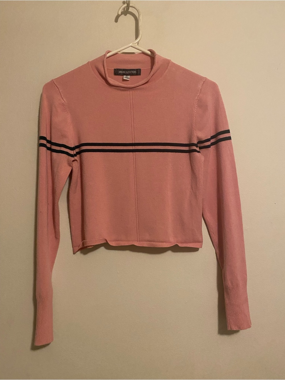 Urban Outfitters Blush Pink Long-Sleeve Mock Neck Top with Black Stripes